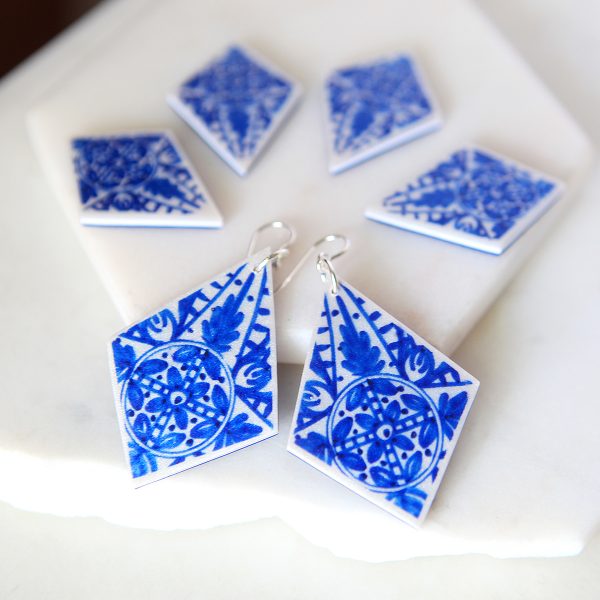 rhombus art earrings unique creative handmade jewellery melbourne blue porcelain style design