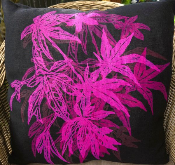 Handprinted Linen Cushion Maple- Black Linen - Image 2