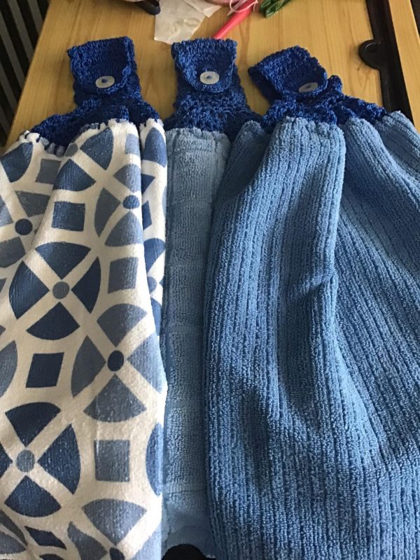 3 blue crochet top double thickness towels